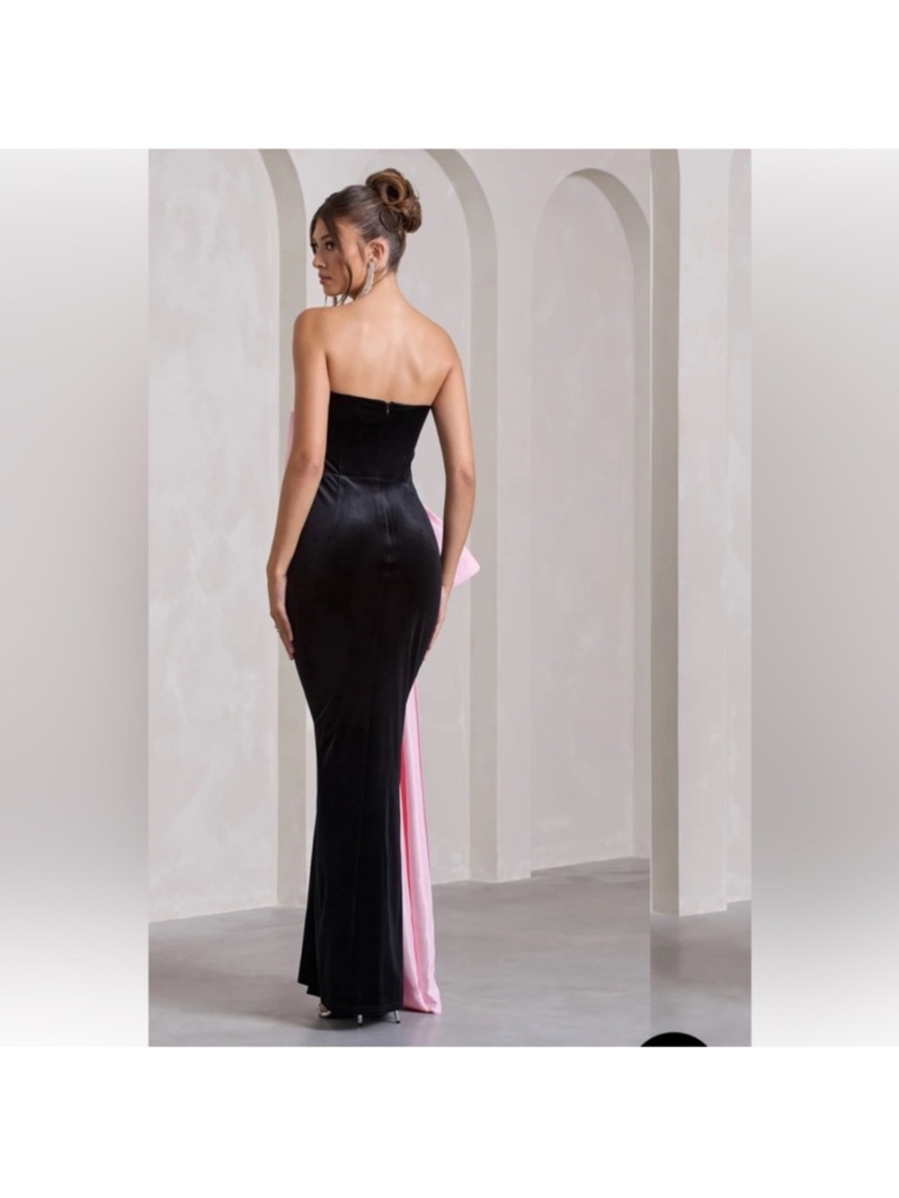 Club l London black velvet Bandeau split maxi dress pink bow - Picture 2 of 4